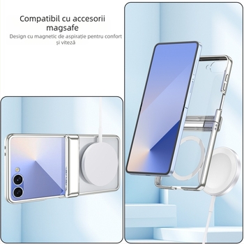 Husa Samsung Galaxy Z Flip7 cu încărcare wireless magnetică, transparentă, cu balama pe axa centrală și finisaj electroplatat, protecție anti-cadere