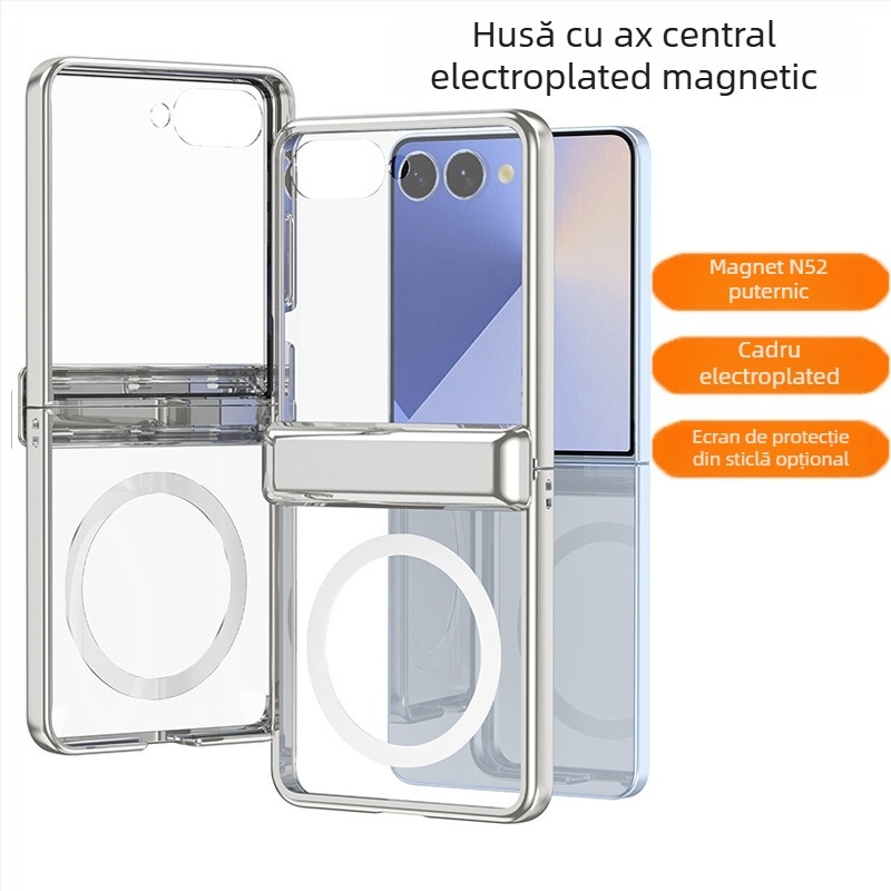 Husa Samsung Galaxy Z Flip7 cu încărcare wireless magnetică, transparentă, cu balama pe axa centrală și finisaj electroplatat, protecție anti-cadere