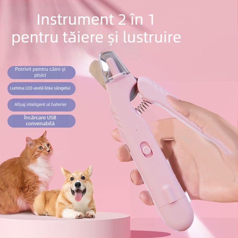 Tăietor de unghii pentru animale de companie, 2 în 1, cu pilă LED pentru pisici