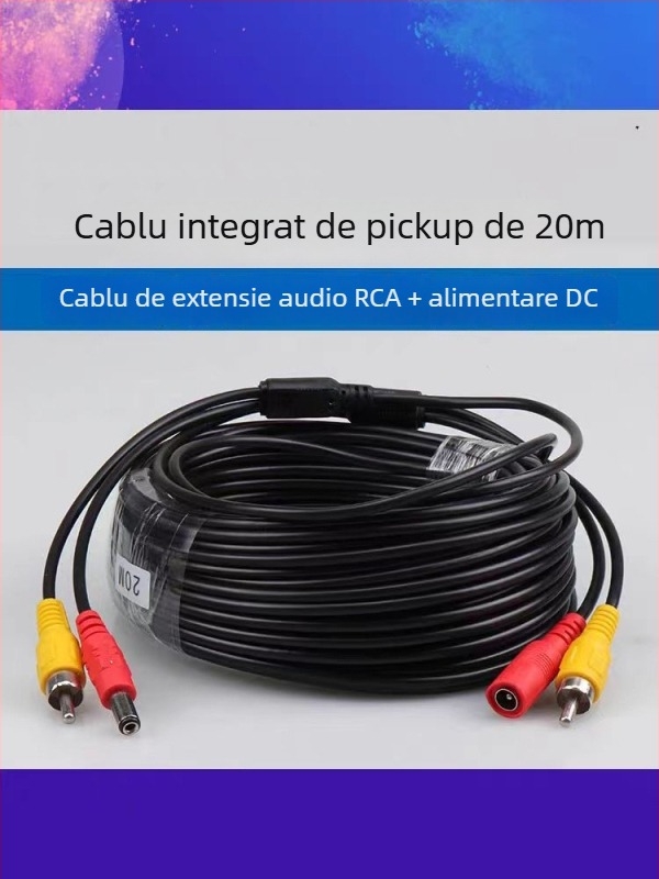 Cablu integrat audio și alimentare pentru camere de supraveghere, conectori RCA și DC, cablu de prelungire, două într-unul