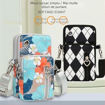 Geantă pentru telefon cu țesătură florală, curea crossbody, formă verticală pătrată, închidere cu fermoar, material Oxford, căptușeală din poliester, stil urban