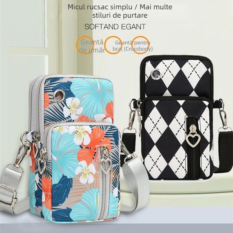 Geantă pentru telefon cu țesătură florală, curea crossbody, formă verticală pătrată, închidere cu fermoar, material Oxford, căptușeală din poliester, stil urban