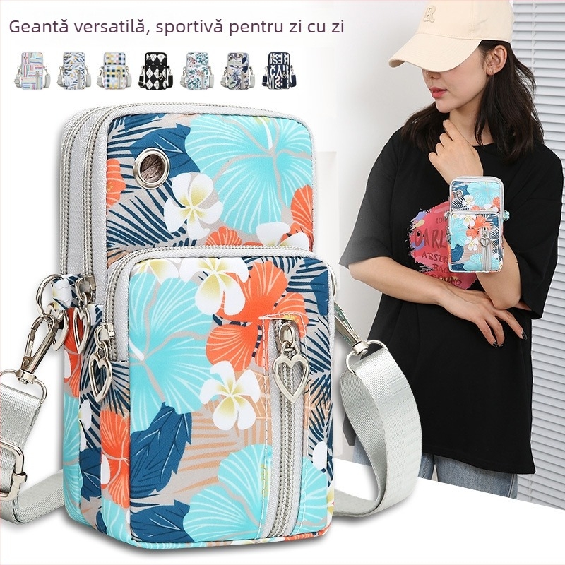 Geantă pentru telefon cu țesătură florală, curea crossbody, formă verticală pătrată, închidere cu fermoar, material Oxford, căptușeală din poliester, stil urban