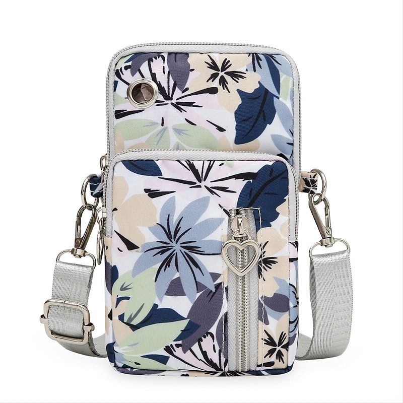 Geantă pentru telefon cu țesătură florală, curea crossbody, formă verticală pătrată, închidere cu fermoar, material Oxford, căptușeală din poliester, stil urban