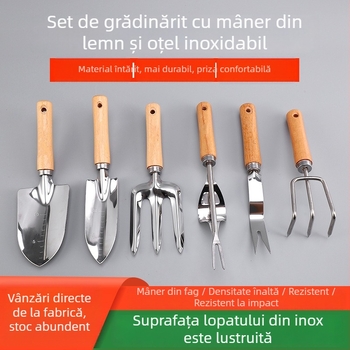 Hongcan set 6 piese de unelte de grădină din oțel inoxidabil cu mâner din lemn, incluzând lopățile și greblă cu trei dinți pentru paturi de flori și afânarea solului