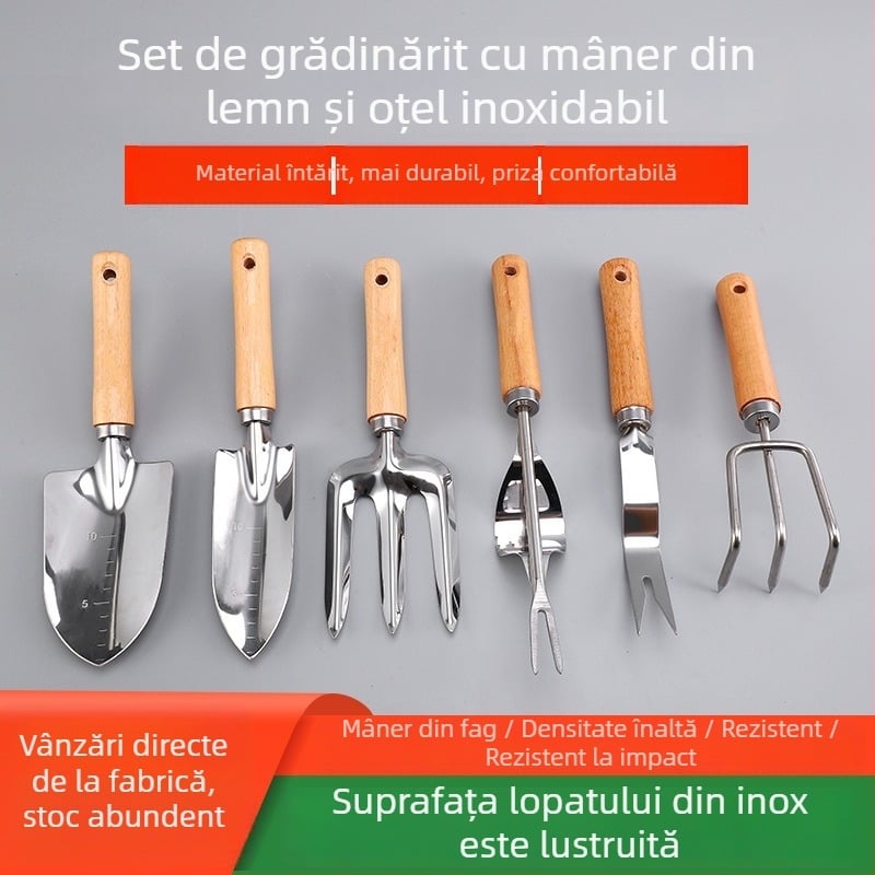 Hongcan set 6 piese de unelte de grădină din oțel inoxidabil cu mâner din lemn, incluzând lopățile și greblă cu trei dinți pentru paturi de flori și afânarea solului