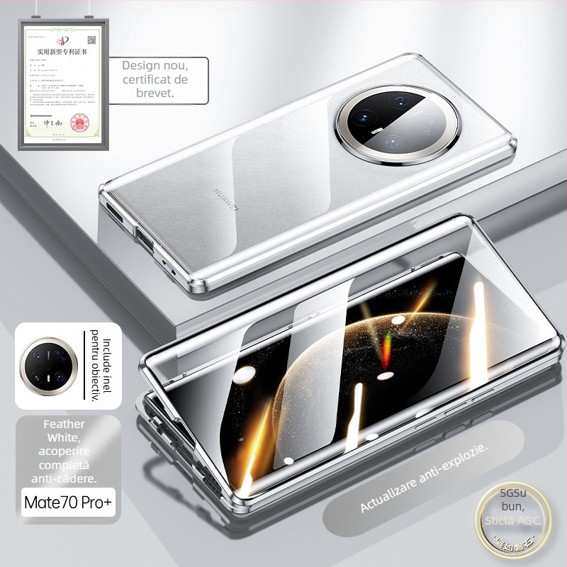 Carcasă magnetică cu sticlă dublă pentru Huawei Mate 70 Pro+, ultra-subțire, rezistentă la cădere