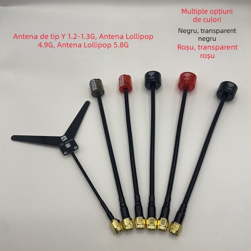 Antena tip Y pentru FPV UAV, frecvențe 1.2–1.3 GHz, 4.9 GHz, 5.8 GHz, impedanță 50 Ω, câștig 2.7, SWR ≤ 1.5