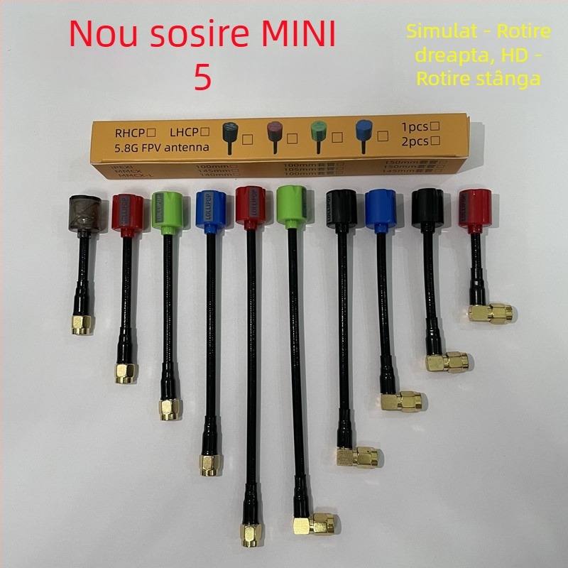 Antena tip Y pentru FPV UAV, frecvențe 1.2–1.3 GHz, 4.9 GHz, 5.8 GHz, impedanță 50 Ω, câștig 2.7, SWR ≤ 1.5