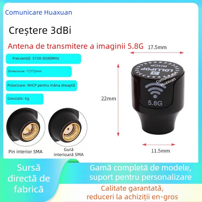 Antena FPV pentru transmisie video, 5.8 GHz, dual-band, polarizare stânga/dreapta, extindere rază, V2