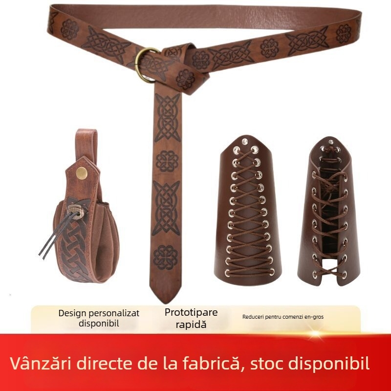 Centură viking medievală, genți pentru centură, protecții pentru brațe din piele artificială și brățări din piele, accesorii renascentiste pentru adulți (Primăvara 2024)