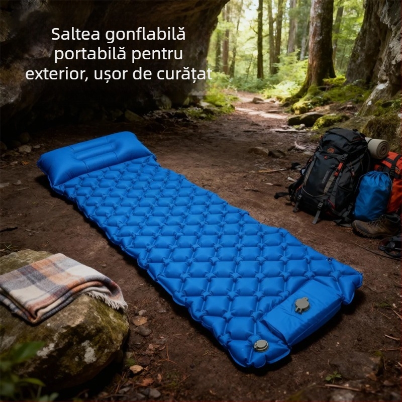 Saltea gonflabilă de camping portabilă cu pernă și pompă manuală, 40D nylon TPU; pentru 1–2 persoane; greutate 600 g
