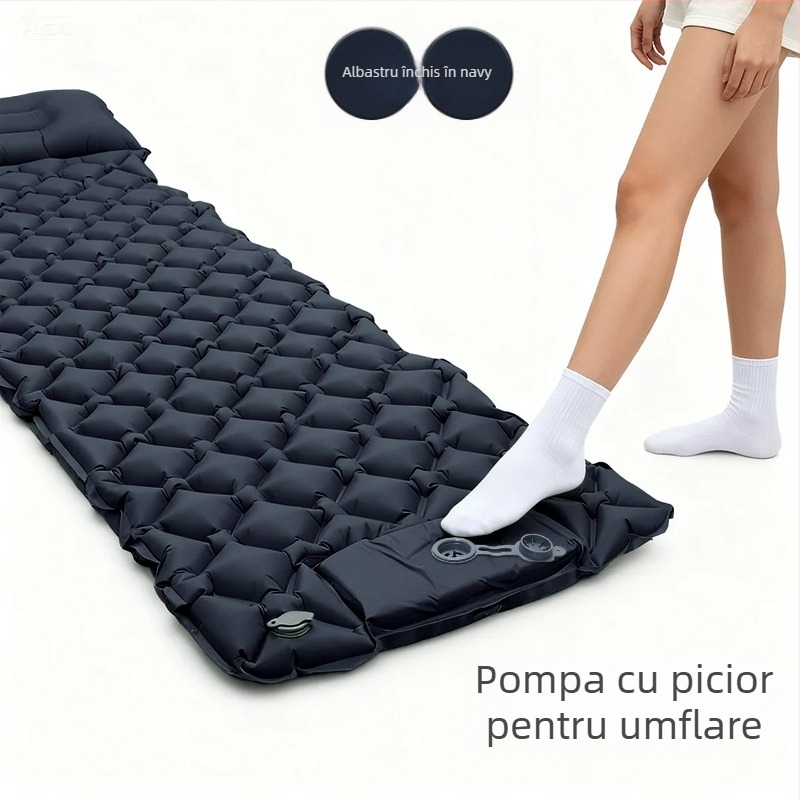 Saltea gonflabilă de camping portabilă cu pernă și pompă manuală, 40D nylon TPU; pentru 1–2 persoane; greutate 600 g