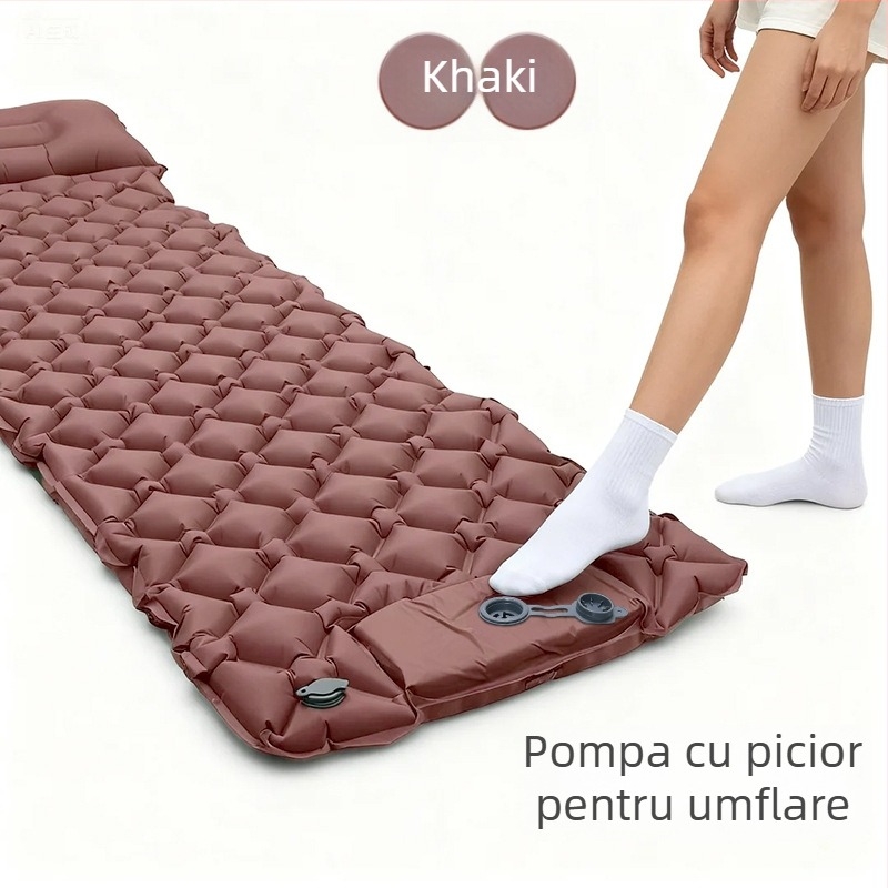 Saltea gonflabilă de camping portabilă cu pernă și pompă manuală, 40D nylon TPU; pentru 1–2 persoane; greutate 600 g