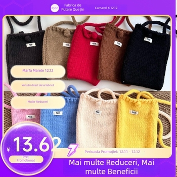 Geantă pentru telefon din lână, tricotată, formă pătrată verticală, închidere cu șnur, buzunar pentru telefon, toamnă 2024