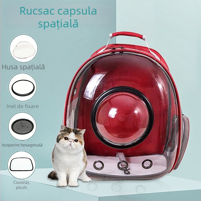 Geantă de transport pentru pisici, design capsulă spațială, respirabilă, carcasă rigidă, material PC + Oxford, capacitate mare