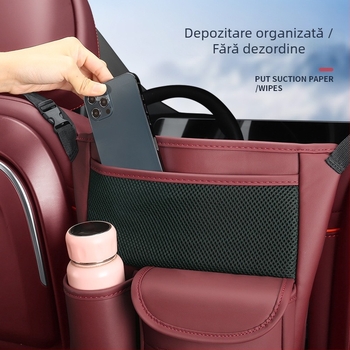 Organizator pentru partea din spate a scaunului auto – piele; montaj prin suspensie; poziție mijloc scaun; impermeabil; rezistent la comprimare