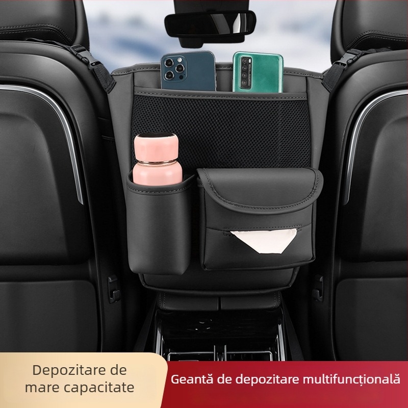 Organizator pentru partea din spate a scaunului auto – piele; montaj prin suspensie; poziție mijloc scaun; impermeabil; rezistent la comprimare