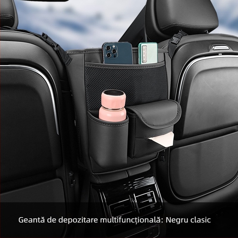 Organizator pentru partea din spate a scaunului auto – piele; montaj prin suspensie; poziție mijloc scaun; impermeabil; rezistent la comprimare