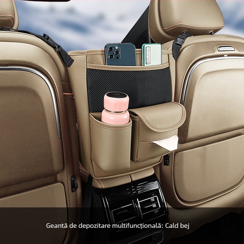 Organizator pentru partea din spate a scaunului auto – piele; montaj prin suspensie; poziție mijloc scaun; impermeabil; rezistent la comprimare