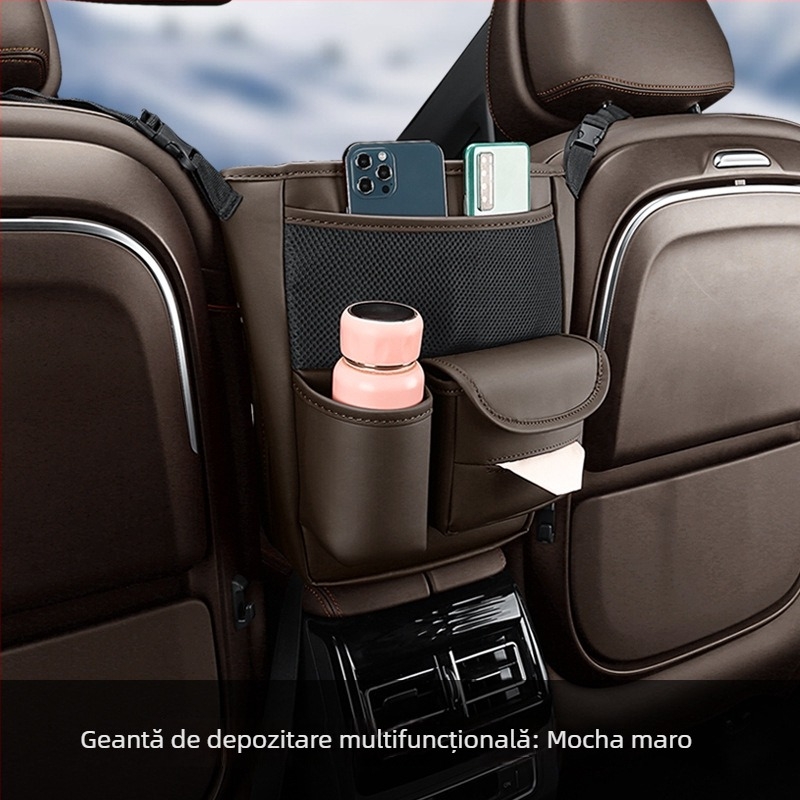 Organizator pentru partea din spate a scaunului auto – piele; montaj prin suspensie; poziție mijloc scaun; impermeabil; rezistent la comprimare
