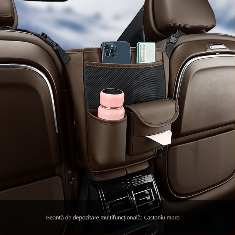 Organizator pentru partea din spate a scaunului auto – piele; montaj prin suspensie; poziție mijloc scaun; impermeabil; rezistent la comprimare