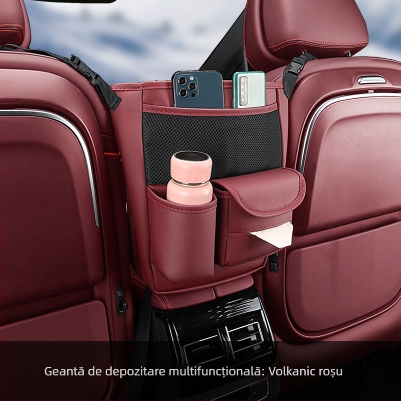 Organizator pentru partea din spate a scaunului auto – piele; montaj prin suspensie; poziție mijloc scaun; impermeabil; rezistent la comprimare
