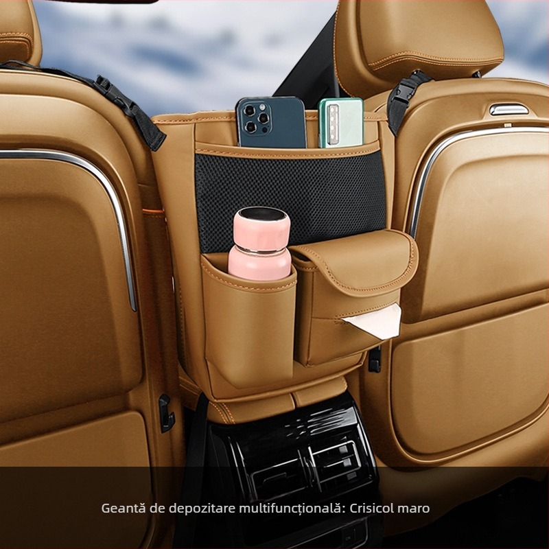 Organizator pentru partea din spate a scaunului auto – piele; montaj prin suspensie; poziție mijloc scaun; impermeabil; rezistent la comprimare