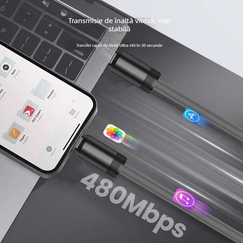 Cablu USB-C pentru încărcare rapidă și transfer de date, din silicon, PD compatibil, 480Mbps, 240W