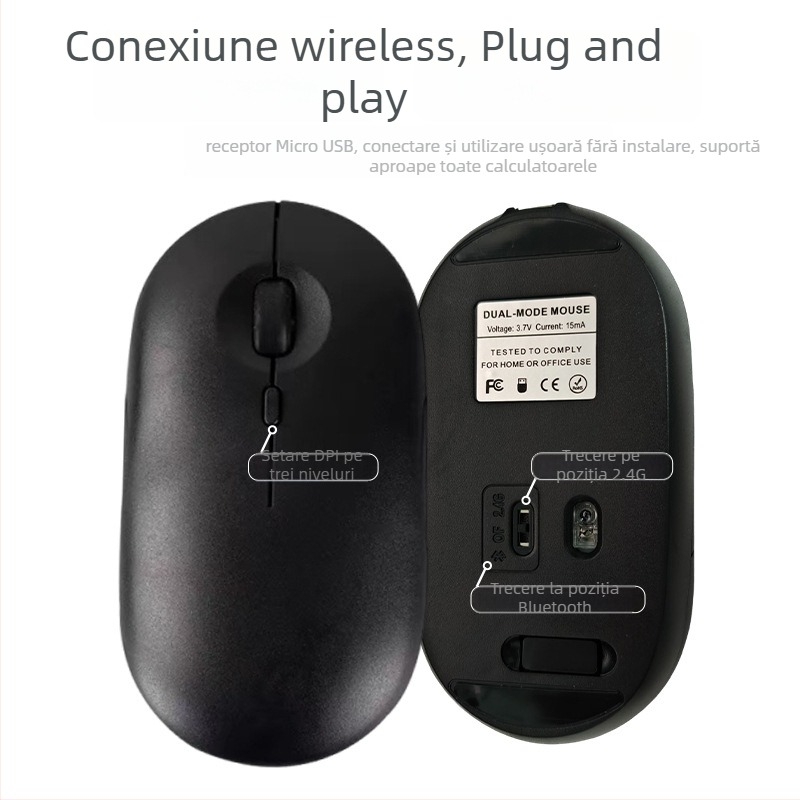 Mouse fără fir cu 2.4G + Bluetooth, 1600dpi, 4 butoane, reîncărcabil, ergonomic