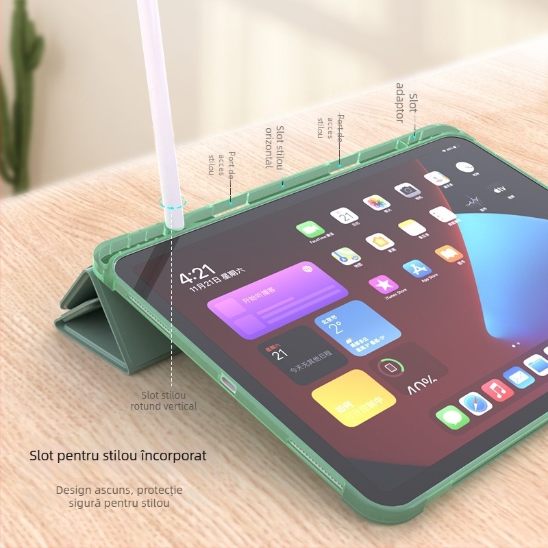 Carcasă din silicon pentru iPad 12.9/9.7/11 Pro, cu slot pentru stylus, suport pliabil multiplu, antișoc