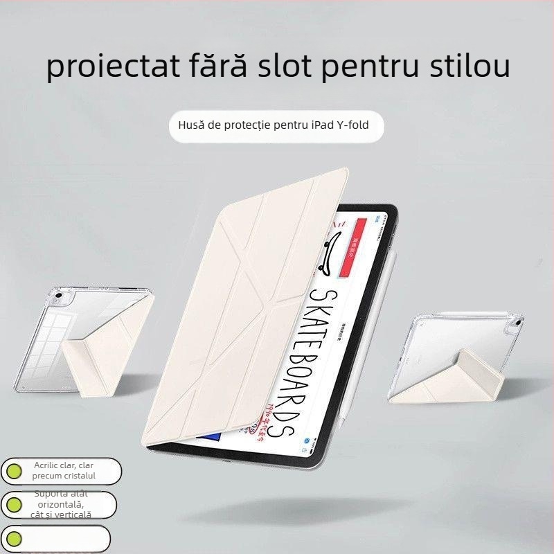 Carcasă de protecție pentru iPad Air cu design Y și pliere în stil tri-fold; compatibilă cu iPad Air 7, a 11-a generație și Air 6 (a 10-a generație); fără slot pentru stilou; gravură
