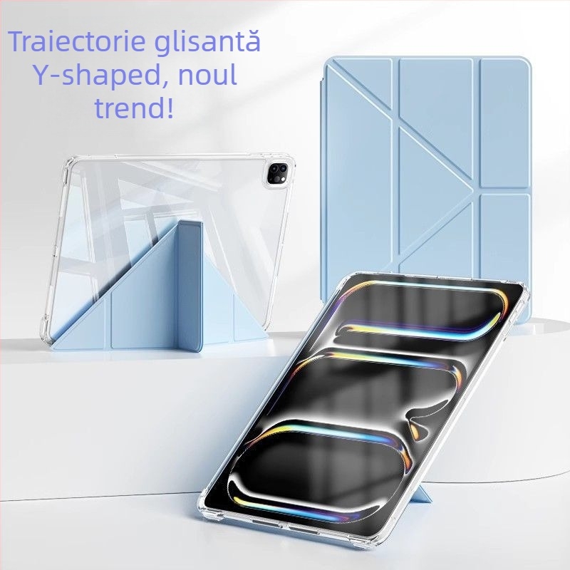 Carcasă de protecție pentru iPad Air cu design Y și pliere în stil tri-fold; compatibilă cu iPad Air 7, a 11-a generație și Air 6 (a 10-a generație); fără slot pentru stilou; gravură
