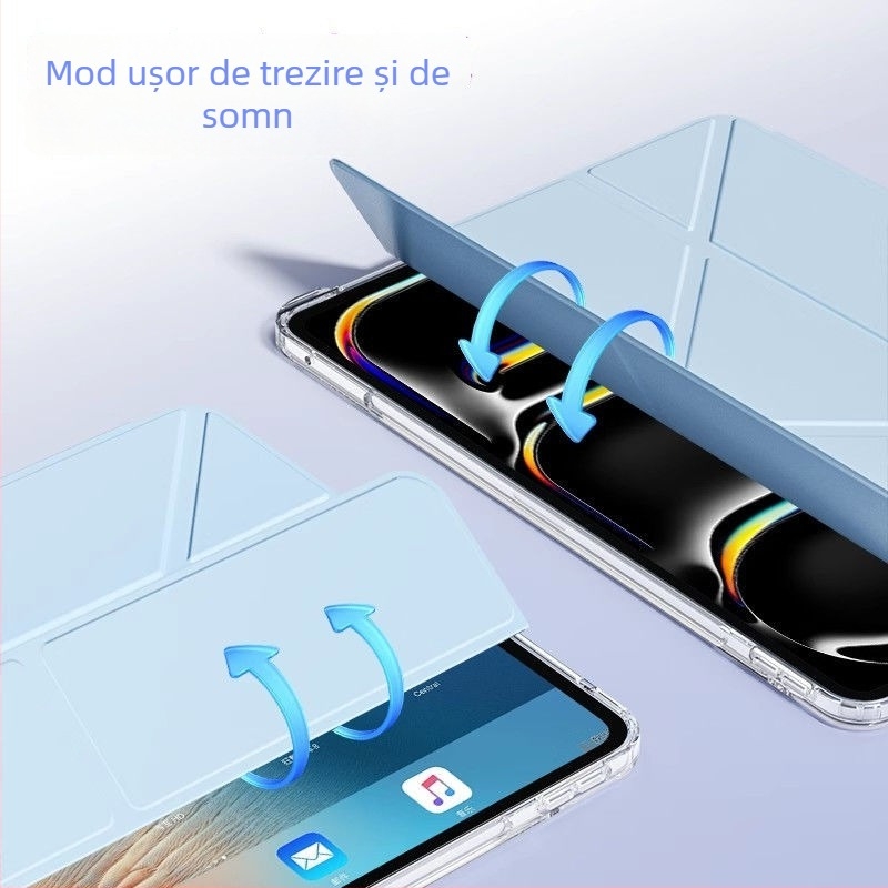Carcasă de protecție pentru iPad Air cu design Y și pliere în stil tri-fold; compatibilă cu iPad Air 7, a 11-a generație și Air 6 (a 10-a generație); fără slot pentru stilou; gravură