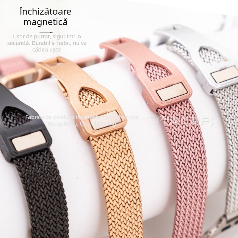 Brățară Apple Watch S9 din oțel inoxidabil, cataramă magnetică, design feminin minimalist, motiv bob de grâu