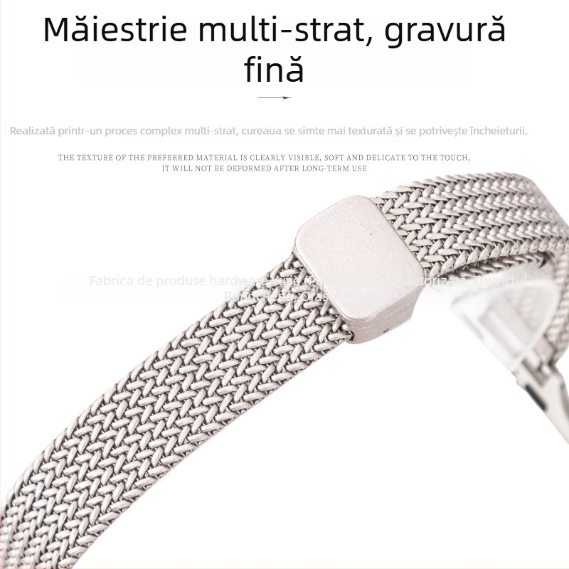 Brățară Apple Watch S9 din oțel inoxidabil, cataramă magnetică, design feminin minimalist, motiv bob de grâu