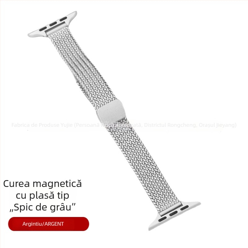 Brățară Apple Watch S9 din oțel inoxidabil, cataramă magnetică, design feminin minimalist, motiv bob de grâu