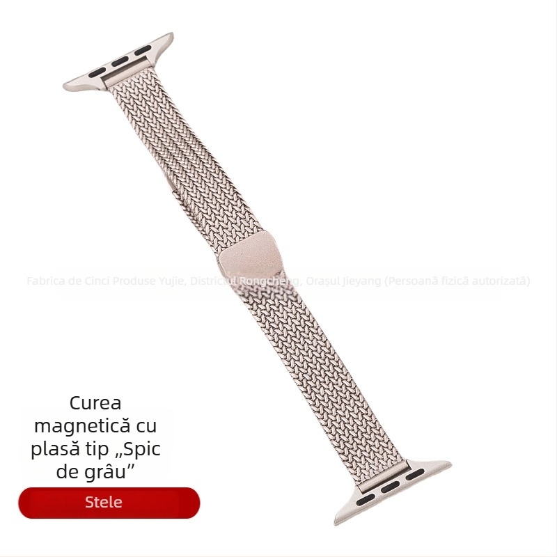 Brățară Apple Watch S9 din oțel inoxidabil, cataramă magnetică, design feminin minimalist, motiv bob de grâu