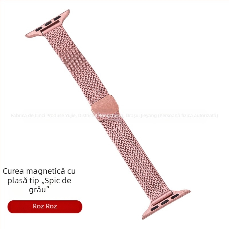Brățară Apple Watch S9 din oțel inoxidabil, cataramă magnetică, design feminin minimalist, motiv bob de grâu