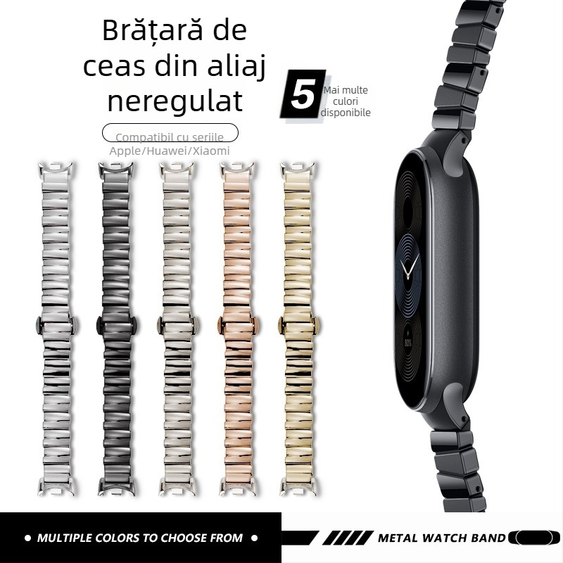 Brățară metalică pentru Apple Watch, Huawei și Xiaomi 8910 NFC/Pro; interfață de 14 mm; cataramă tip fluture; greutate 55 g