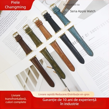 Brățară din piele naturală Changming pentru Apple Watch – finisaj frosted retro, design minimalist, opțiuni de interfață personalizabile, cataramă cu pin, compatibil cu Apple Watch Series