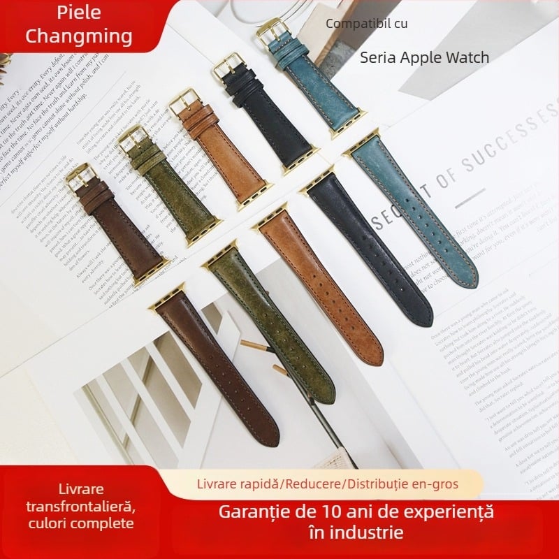 Brățară din piele naturală Changming pentru Apple Watch – finisaj frosted retro, design minimalist, opțiuni de interfață personalizabile, cataramă cu pin, compatibil cu Apple Watch Series