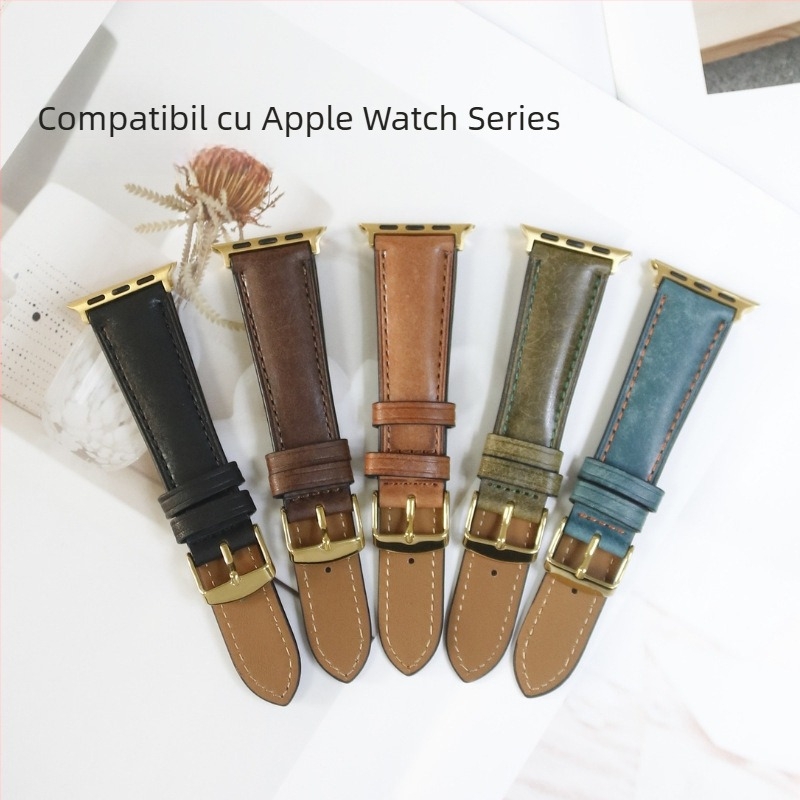 Brățară din piele naturală Changming pentru Apple Watch – finisaj frosted retro, design minimalist, opțiuni de interfață personalizabile, cataramă cu pin, compatibil cu Apple Watch Series