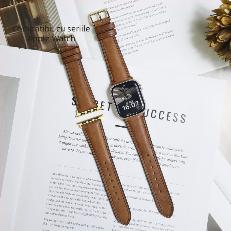 Brățară din piele naturală Changming pentru Apple Watch – finisaj frosted retro, design minimalist, opțiuni de interfață personalizabile, cataramă cu pin, compatibil cu Apple Watch Series