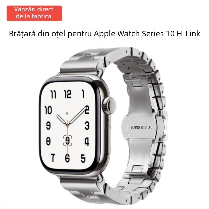 Brățară metalică pentru Apple Watch Series 10, lățime 22 mm, cataramă tip fluture, stil modern