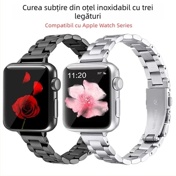 Brăţară din oțel inoxidabil pentru Apple Watch, compatibilă cu iWatch S10, curea metalică pentru femei cu trei mărgele și talie subțire
