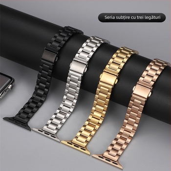 Brăţară din oțel inoxidabil pentru Apple Watch, compatibilă cu iWatch S10, curea metalică pentru femei cu trei mărgele și talie subțire