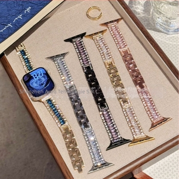 Brățară de ceas din lanț metalic, trei rânduri de diamante, aliaj + rhinestones, cataramă cu știft, pentru Apple, Garmin, Huawei