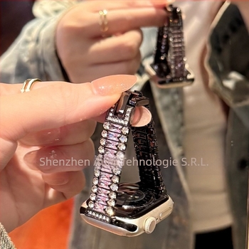 Brățară de ceas din lanț metalic, trei rânduri de diamante, aliaj + rhinestones, cataramă cu știft, pentru Apple, Garmin, Huawei