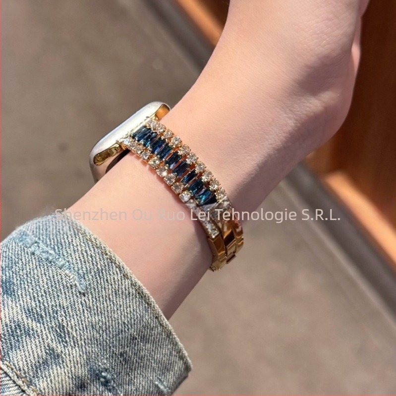 Brățară de ceas din lanț metalic, trei rânduri de diamante, aliaj + rhinestones, cataramă cu știft, pentru Apple, Garmin, Huawei